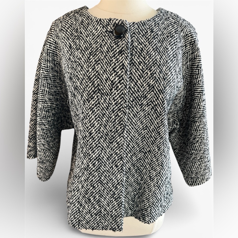 Anne Klein Black & White herringbone pattern Button Tweed jacket 3/4 sleeves 14